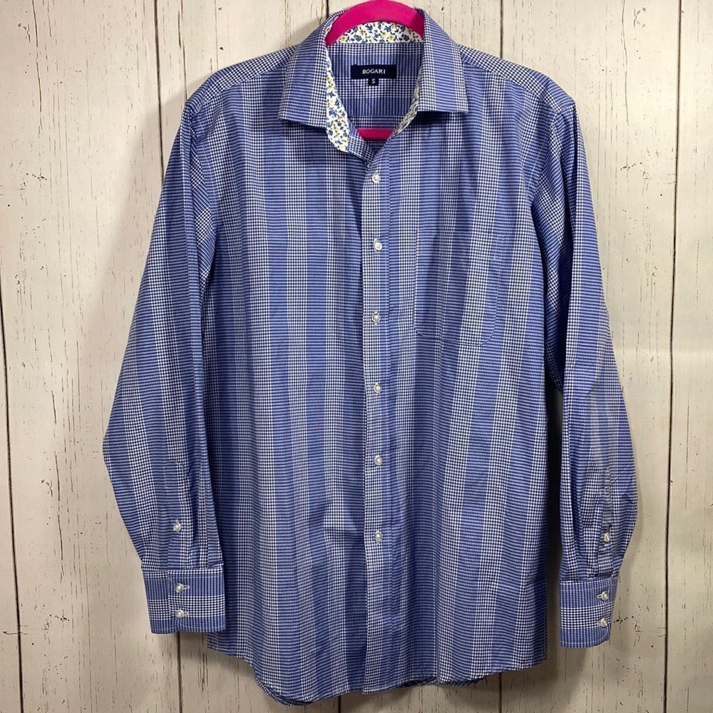 Bogari Mens Blue Checkered long Sleeve Button Down Casual Shirt
